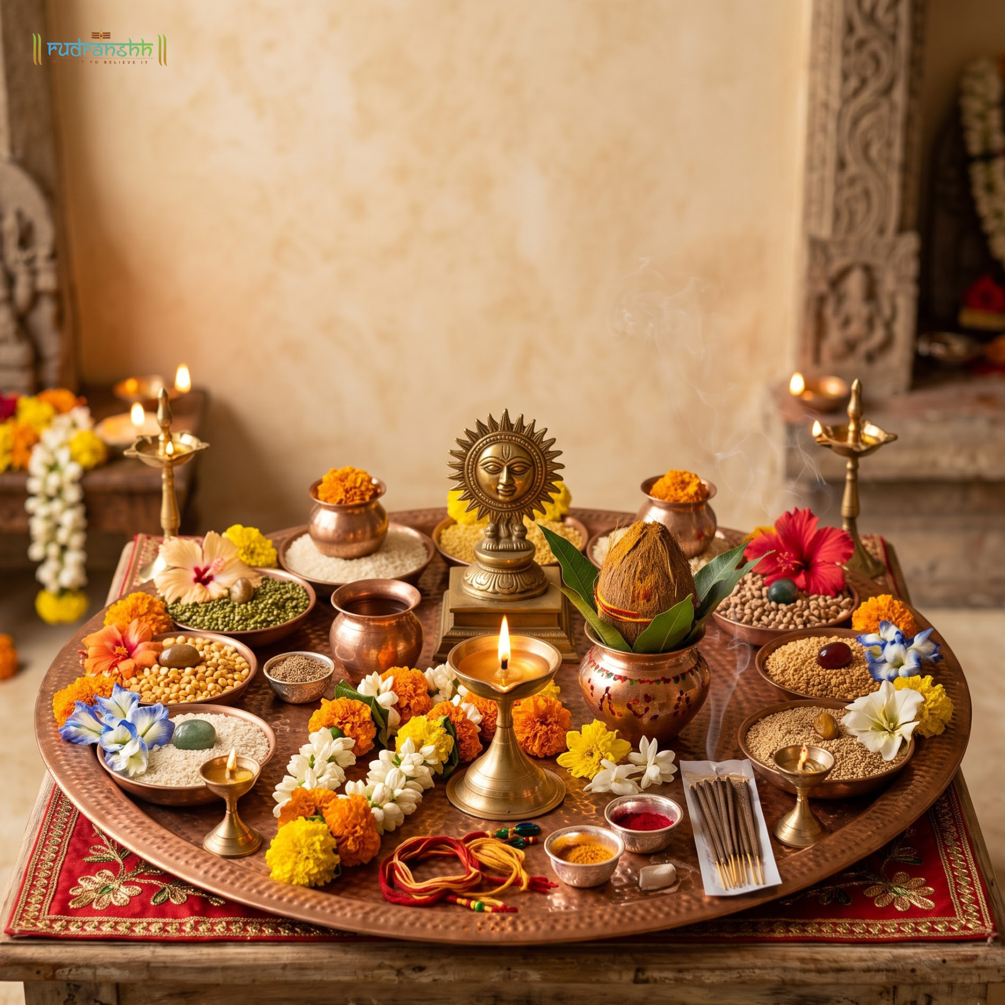 Navgraha Pooja arrangement with traditional offerings