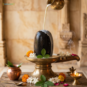 Milk being poured over a Shivling during a Rudrabhishek ritual, with marigold and jasmine flowers, brass kalash and a lit diya