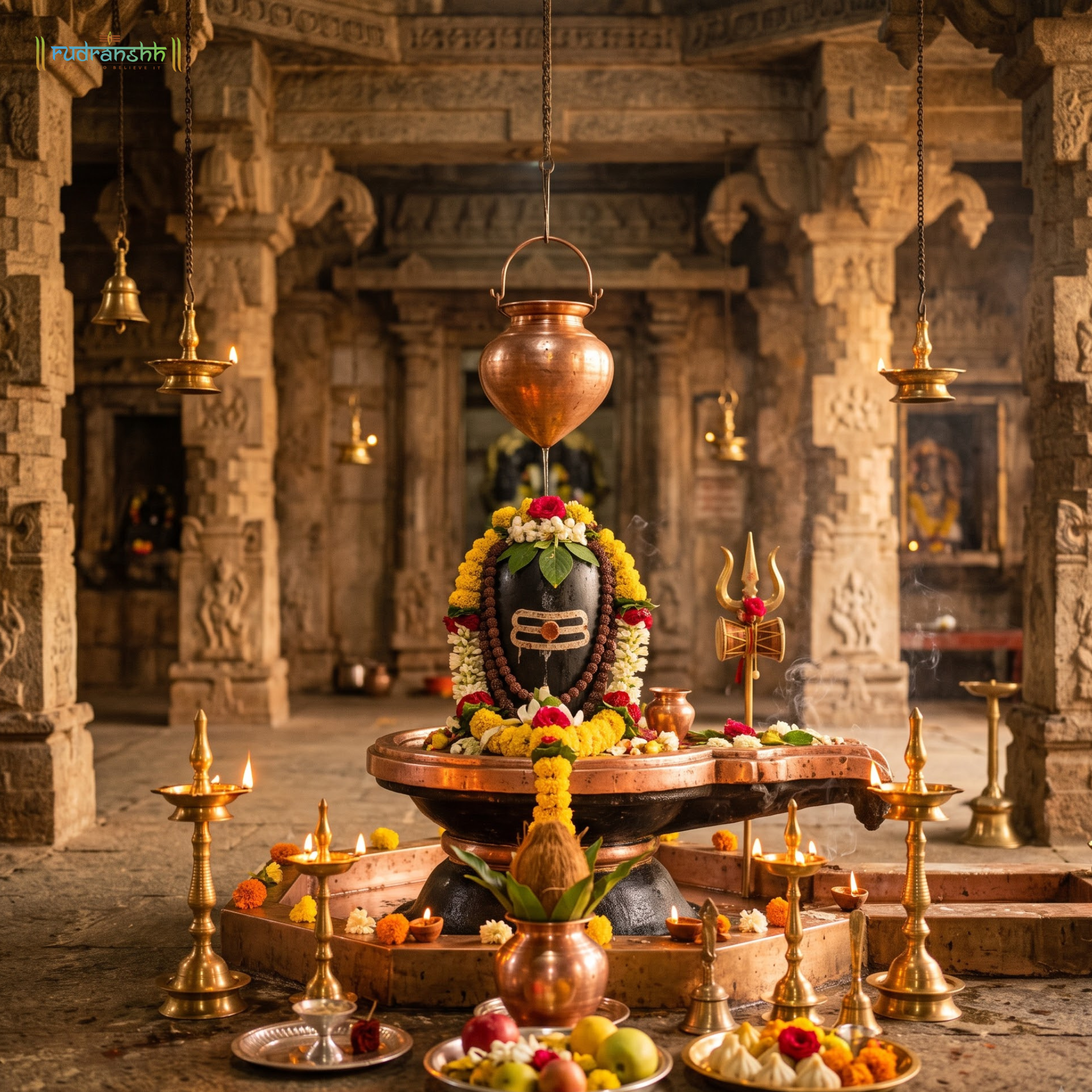A traditional temple Pooja arranged with brass vessels, flowers and a lit lamp