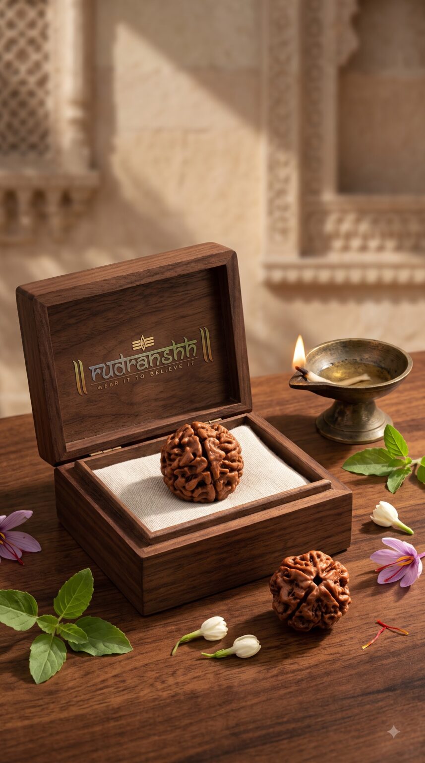 An open Rudranshh presentation box holding a Rudraksha bead, beside a lit brass diya, tulsi leaves and saffron flowers