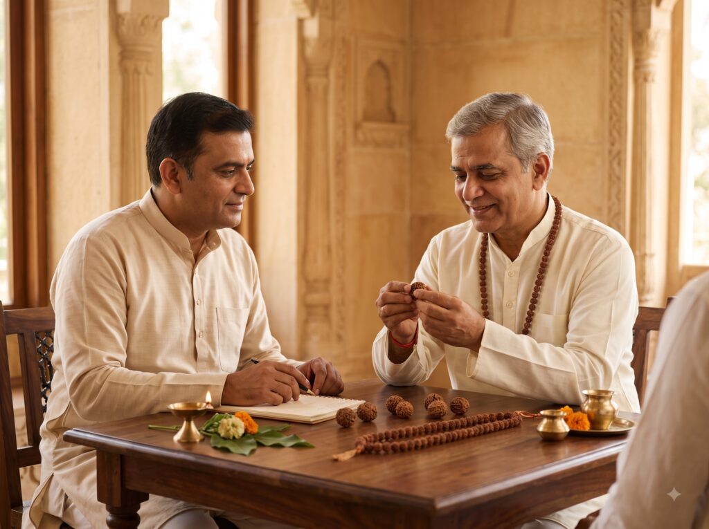 A Rudranshh Panditji examining a Rudraksha bead while advising a visitor across a wooden table set with Rudraksha beads and a mala