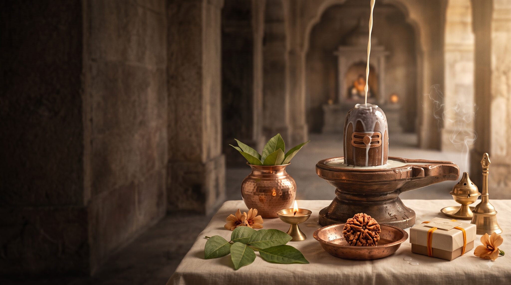 Milk being poured over a Shivling during a Rudrabhishek ritual, with a copper kalash, marigold flowers, a lit brass diya and a Rudraksha bead