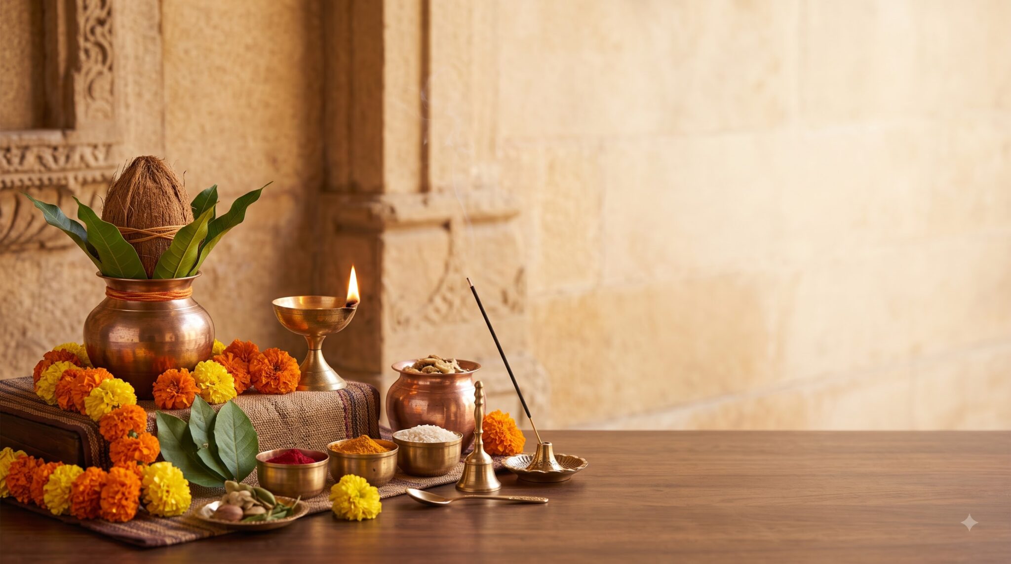 A traditional Pooja arrangement with a copper kalash topped by a coconut and mango leaves, marigold garlands, a lit brass diya, incense and Pooja samagri
