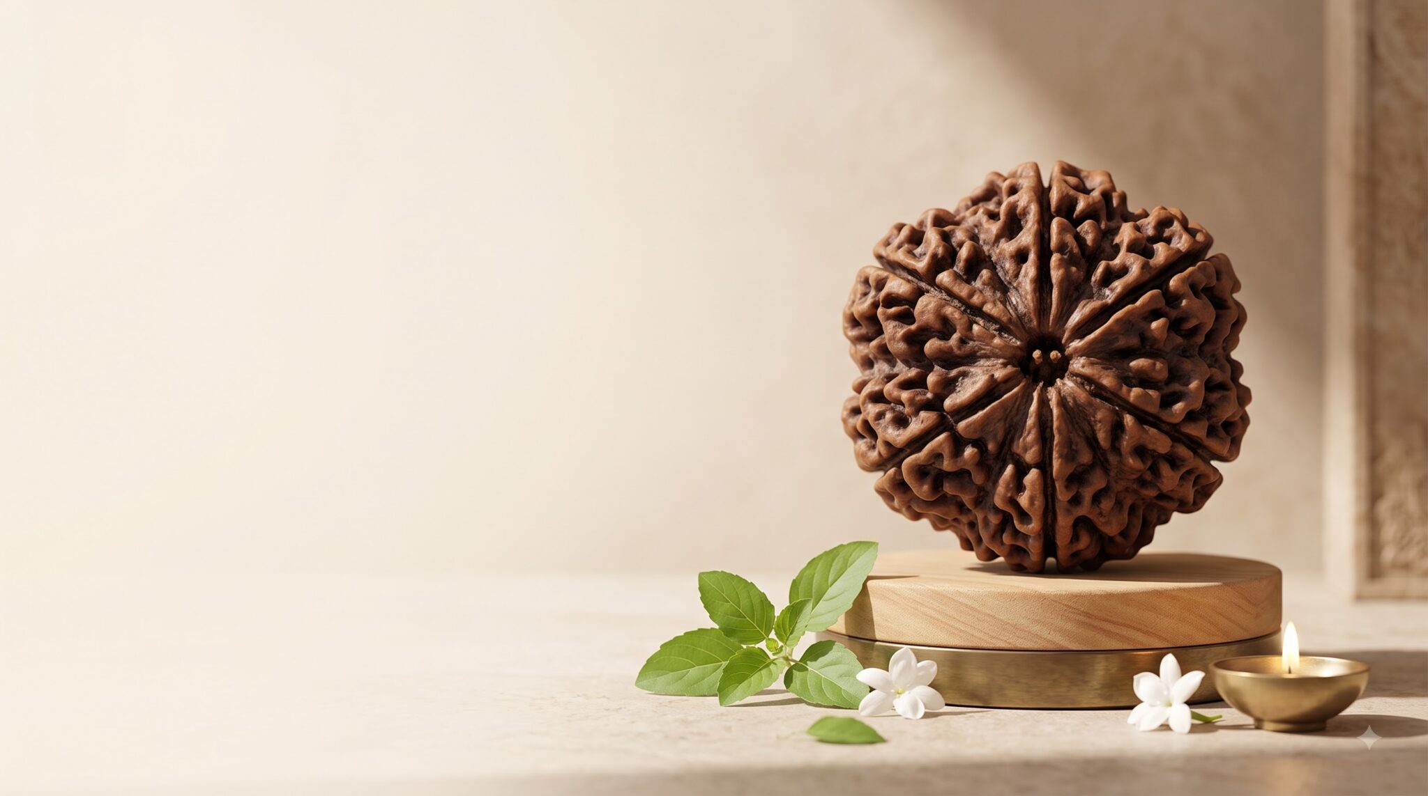 A large multi-Mukhi Rudraksha bead displayed on a wooden podium beside tulsi leaves, jasmine flowers and a brass diya